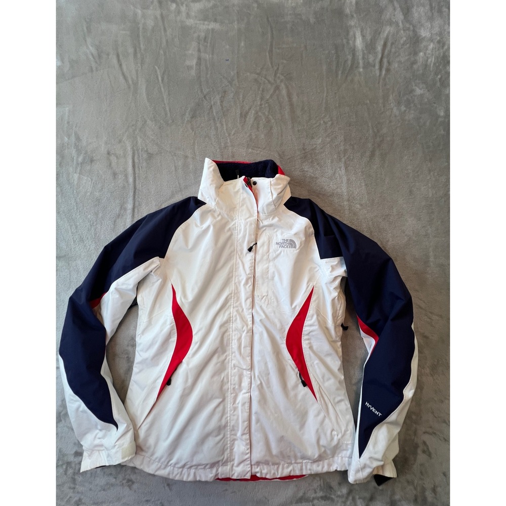 The North Face HyVent Ski Jacket Womens Medium White Navy Red Hooded Waterproof